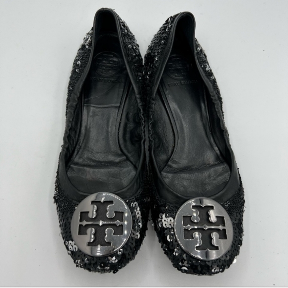 Tory Burch Reva Medallion ballet flat shoes SZ 7 Black Sequin - Picture 4 of 4